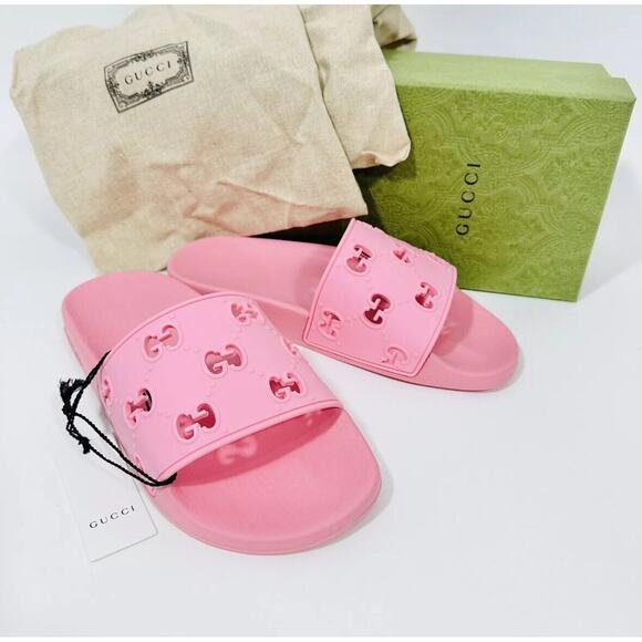Gucci Sandal Size 39/ 9 Rubber Laser Cut GG Slide Slipper Rose Pink NWB - Picture 5 of 10